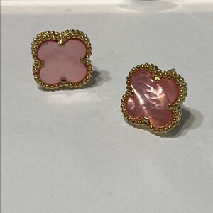 Pink Pearl & Gold Clover Stud Earrings